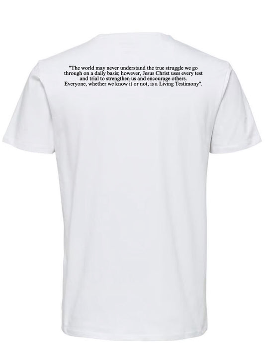 Universal White Living Testimony T-shirt w Definition (Black Letters)