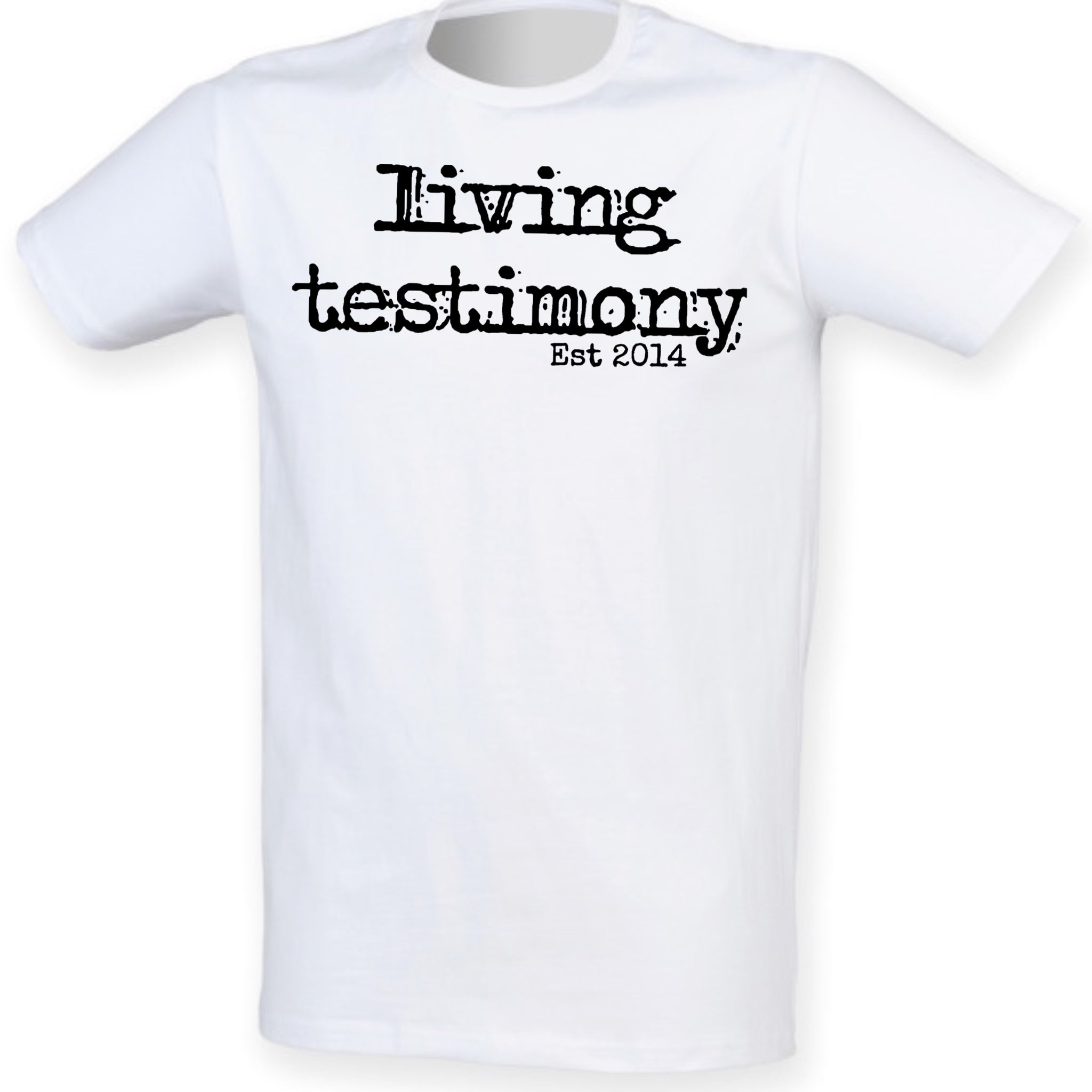 Universal White Living Testimony T-shirt w Definition (Black Letters)