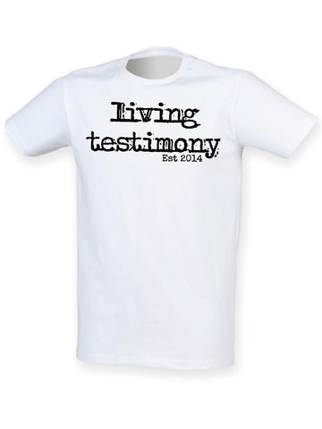 Universal White Living Testimony T-shirt w Definition (Black Letters)